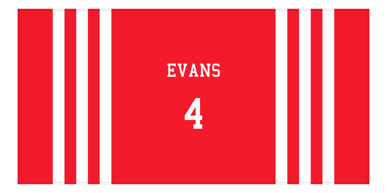 Personalized Jersey Number 2-on-1 Stripes Sports Beach Towel - Red and White - Horizontal Design - Front View