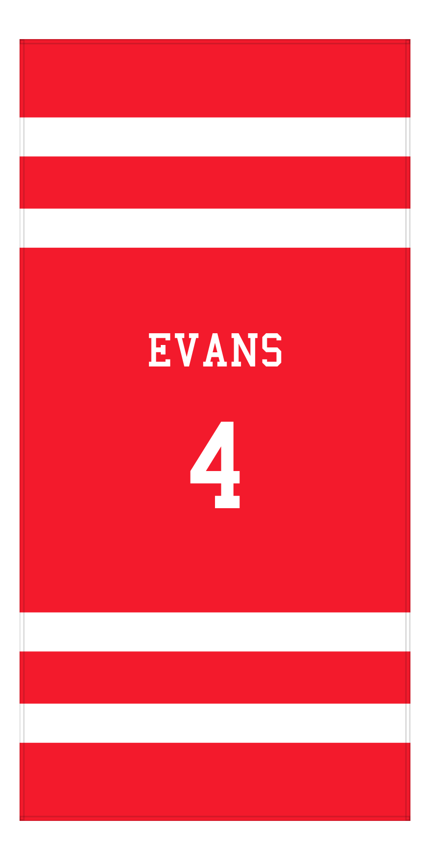 Personalized Jersey Number 1-on-1 Stripes Sports Beach Towel - Red and White - Vertical Design - Front View
