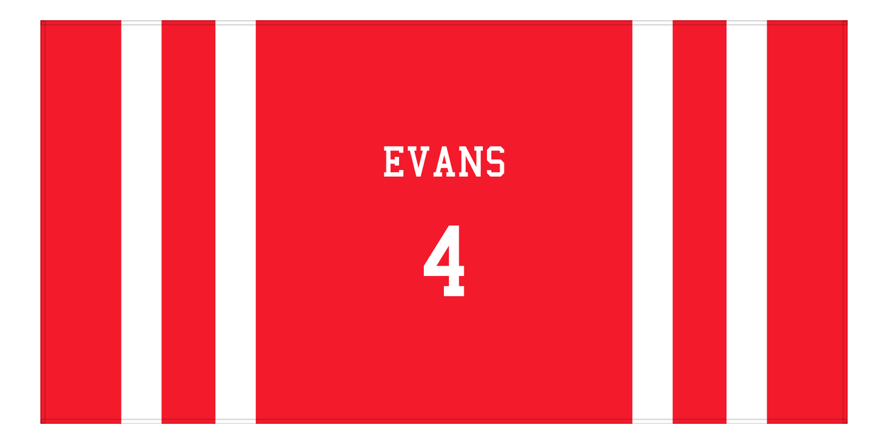 Personalized Jersey Number 1-on-1 Stripes Sports Beach Towel - Red and White - Horizontal Design - Front View