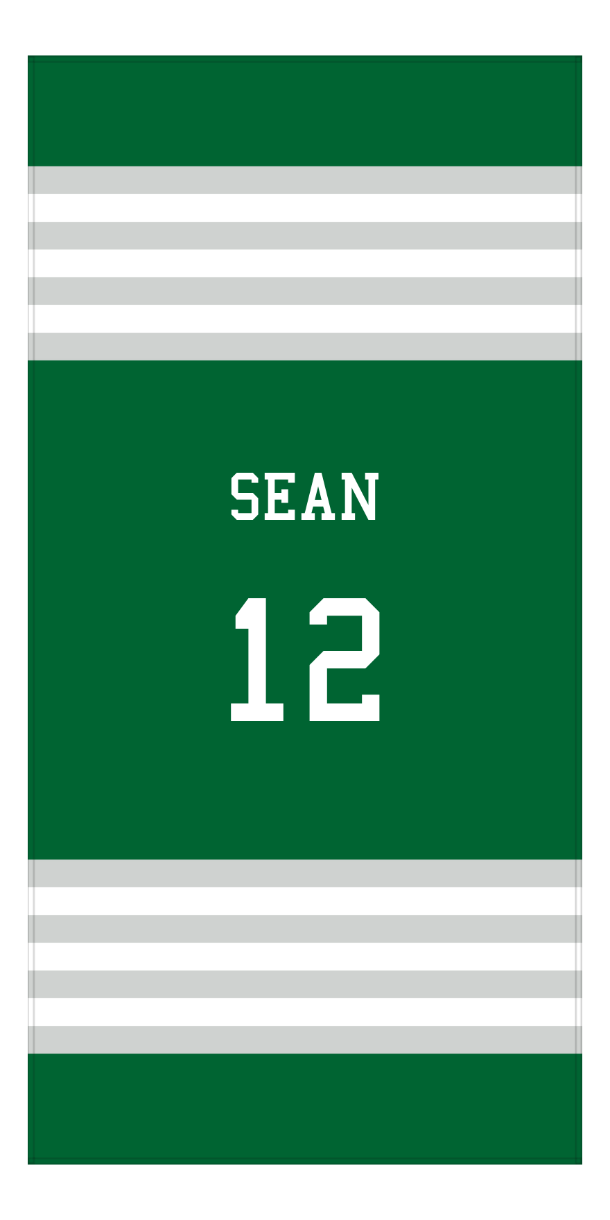 Personalized Jersey Number 3-on-1 Stripes Sports Beach Towel - Green and Grey - Vertical Design - Front View