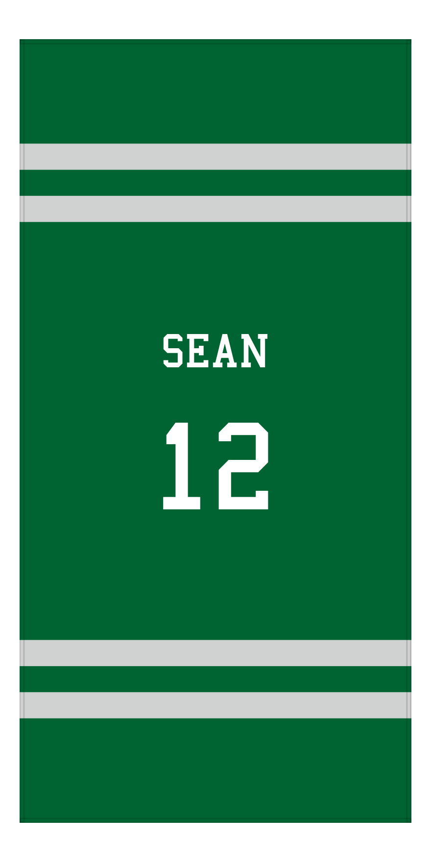 Personalized Jersey Number 2-on-none Stripes Sports Beach Towel - Green and Grey - Vertical Design - Front View