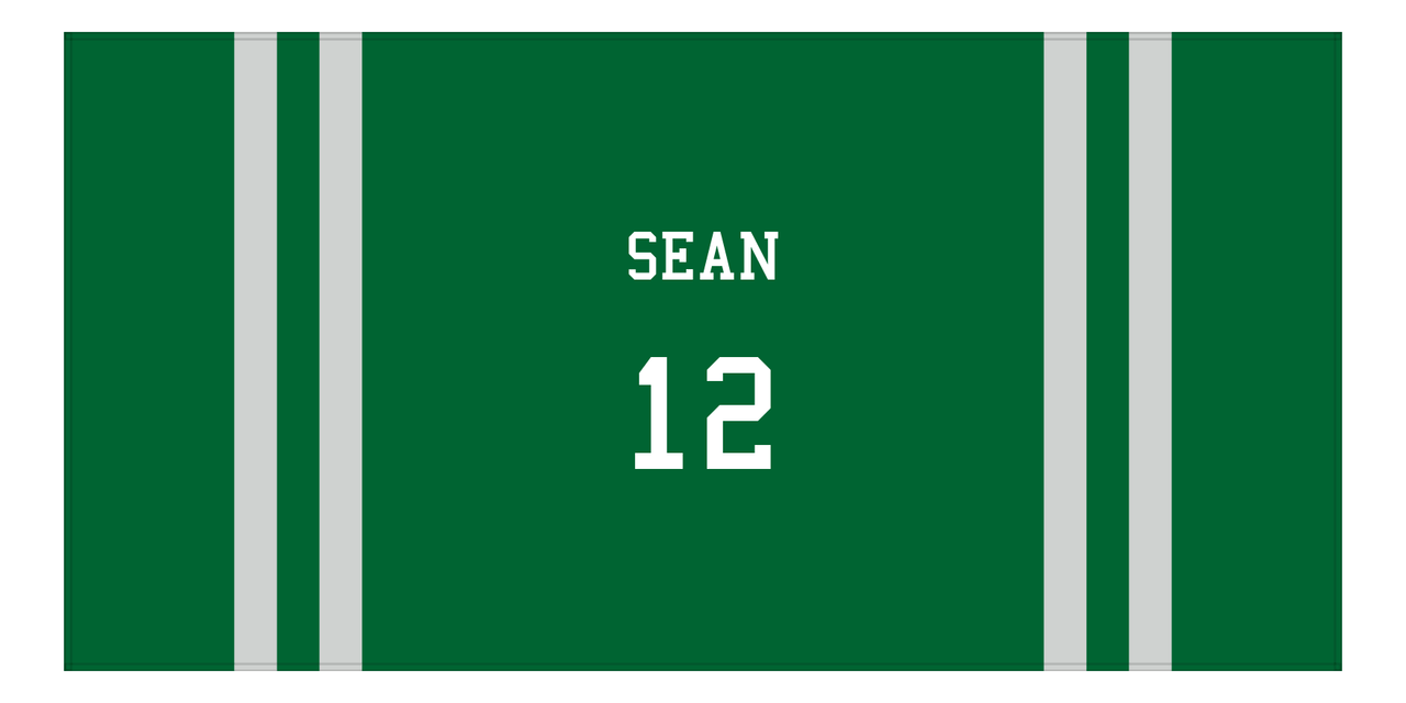 Personalized Jersey Number 2-on-none Stripes Sports Beach Towel - Green and Grey - Horizontal Design - Front View