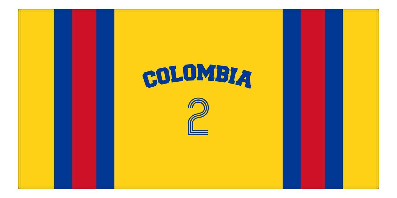 Personalized Jersey Number 1-on-1 Stripes Sports Beach Towel with Arched Name - Colombia - Horizontal Design - Front View