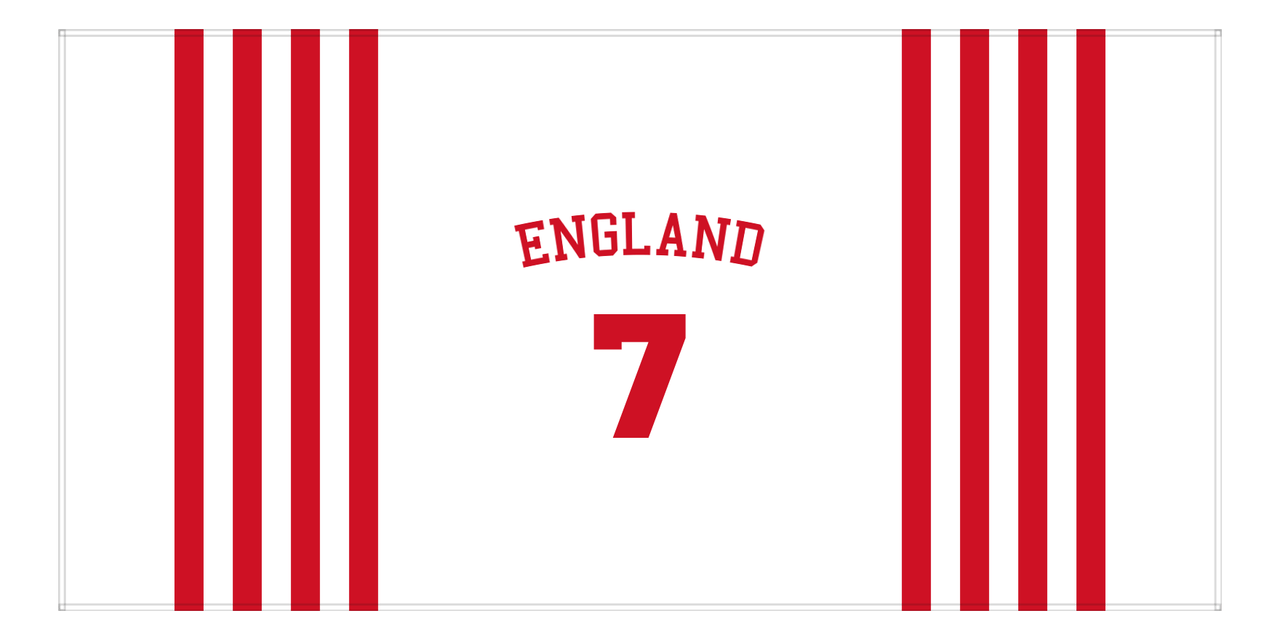 Personalized Jersey Number 3-on-1 Stripes Sports Beach Towel with Arched Name - England - Horizontal Design - Front View