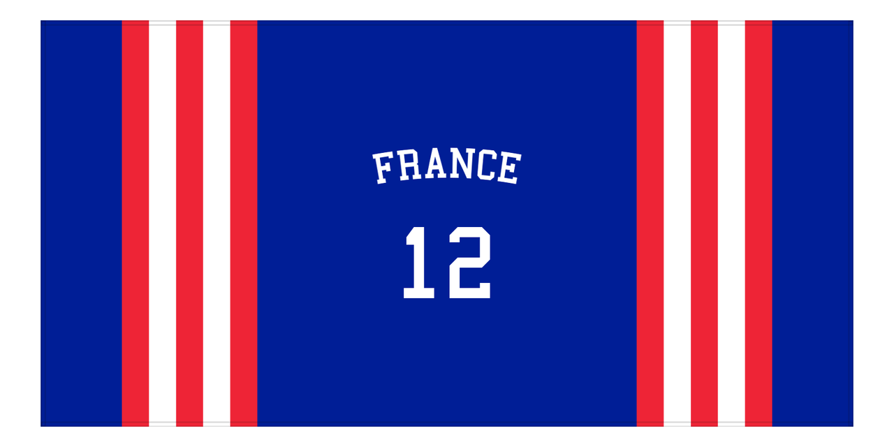 Personalized Jersey Number 2-on-1 Stripes Sports Beach Towel with Arched Name - France - Horizontal Design - Front View