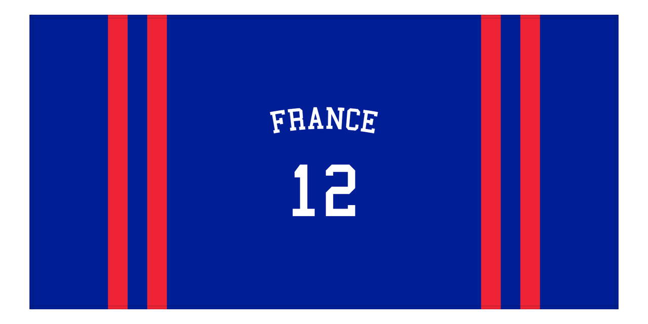 Personalized Jersey Number 2-on-none Stripes Sports Beach Towel with Arched Name - France - Horizontal Design - Front View