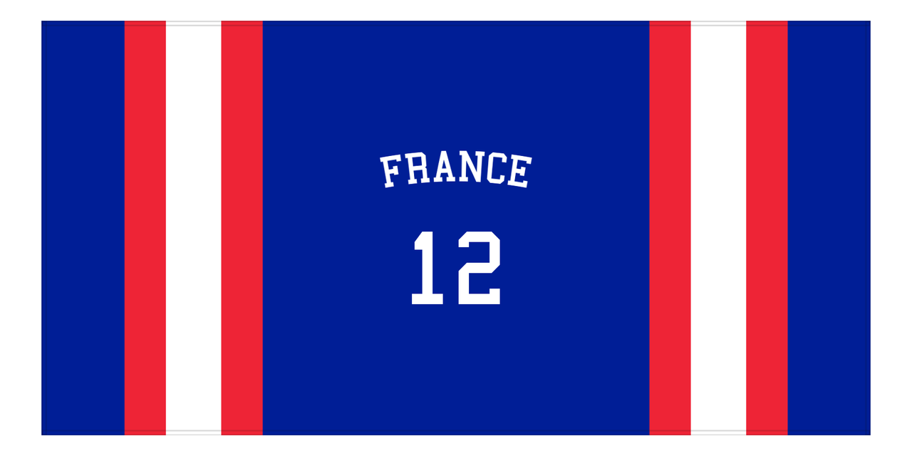 Personalized Jersey Number 1-on-1 Stripes Sports Beach Towel with Arched Name - France - Horizontal Design - Front View