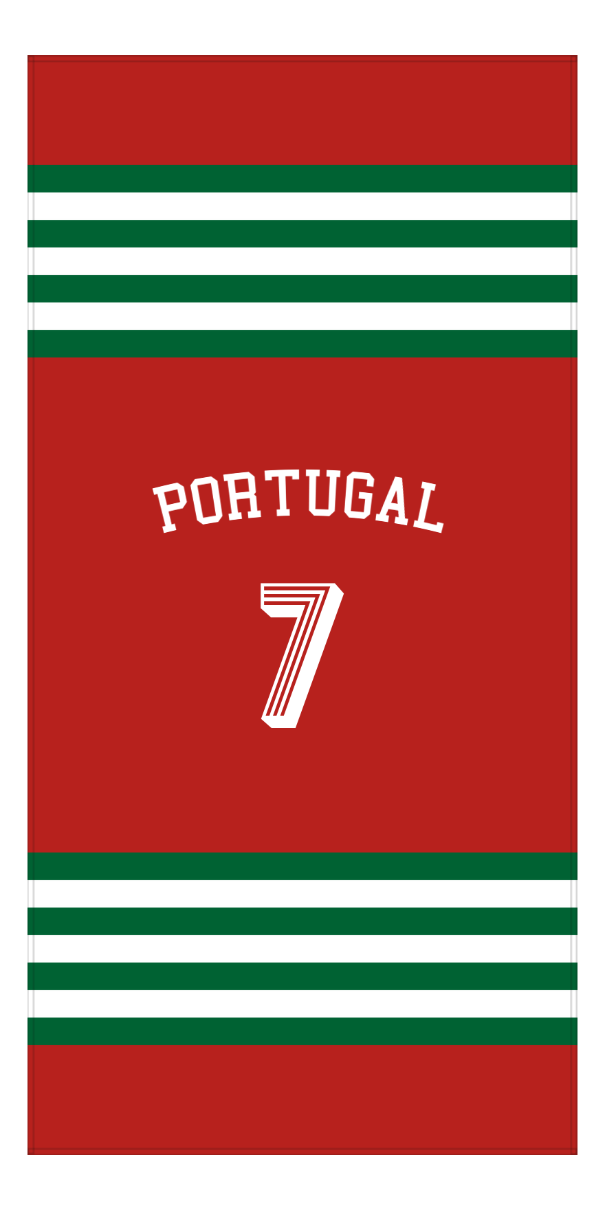 Personalized Jersey Number 3-on-1 Stripes Sports Beach Towel with Arched Name - Portugal - Vertical Design - Front View
