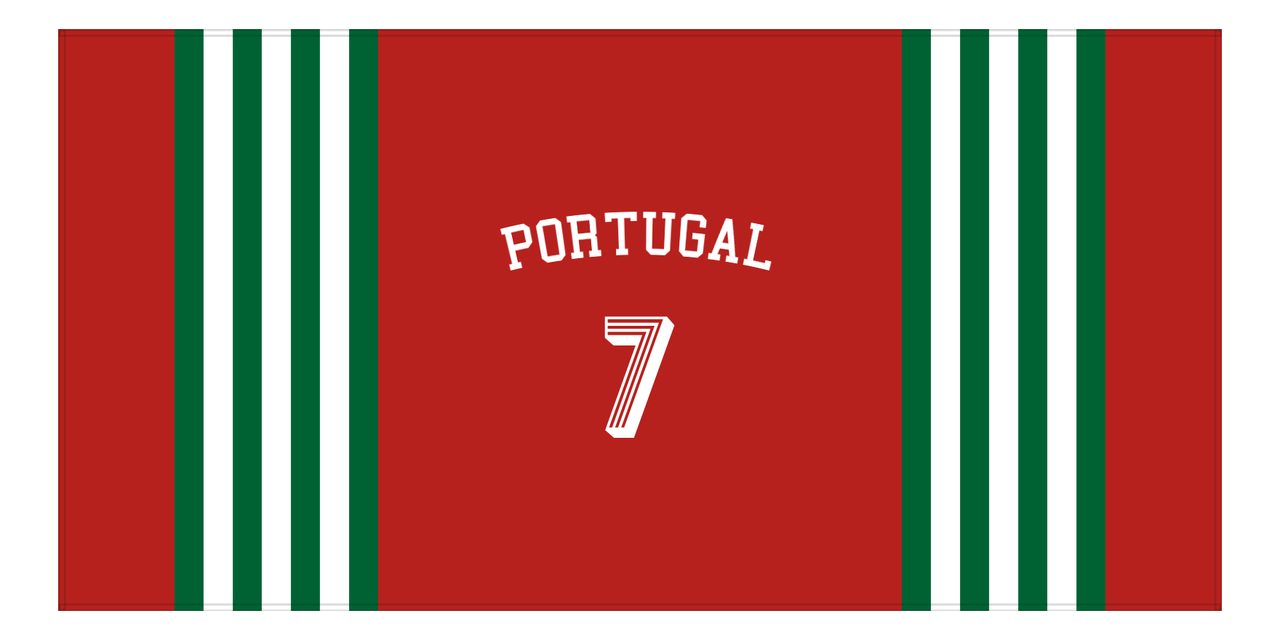 Personalized Jersey Number 3-on-1 Stripes Sports Beach Towel with Arched Name - Portugal - Horizontal Design - Front View