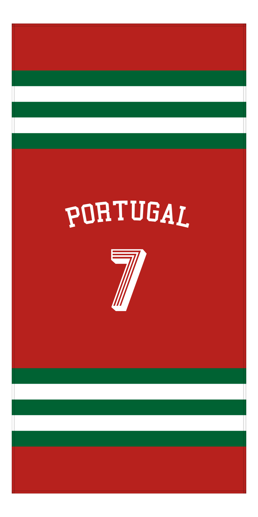 Personalized Jersey Number 2-on-1 Stripes Sports Beach Towel with Arched Name - Portugal - Vertical Design - Front View