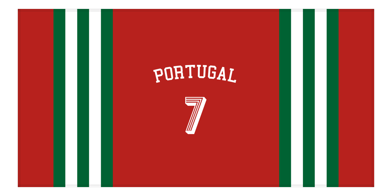 Personalized Jersey Number 2-on-1 Stripes Sports Beach Towel with Arched Name - Portugal - Horizontal Design - Front View