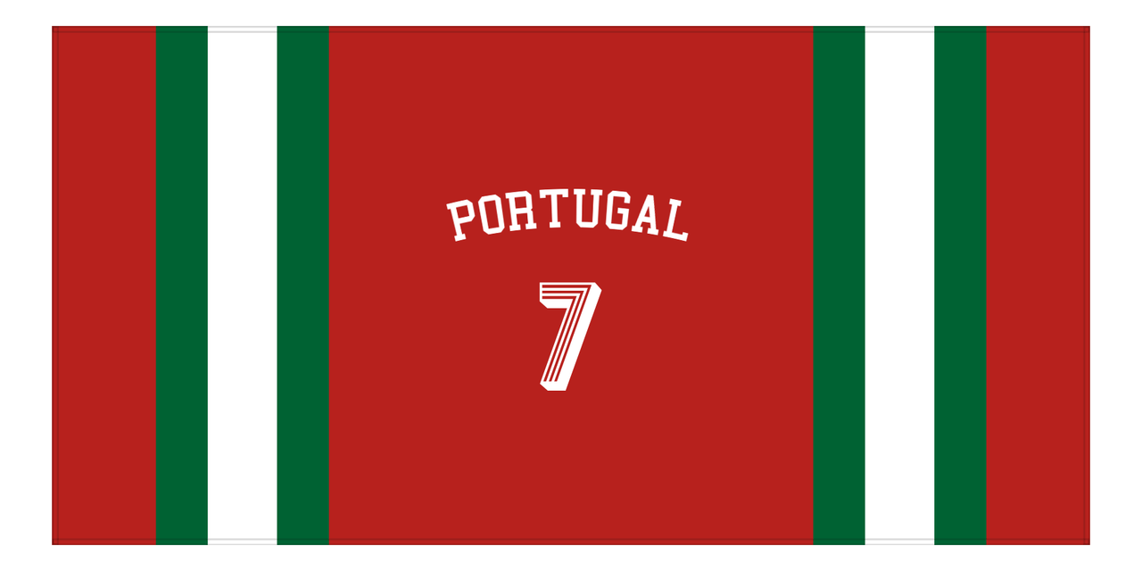 Personalized Jersey Number 1-on-1 Stripes Sports Beach Towel with Arched Name - Portugal - Horizontal Design - Front View