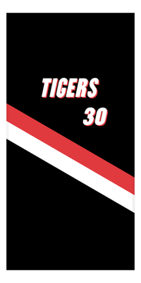 Thumbnail for Personalized Jersey Number Beach Towel - Angled Stripes - Portland Black and Red - Front View