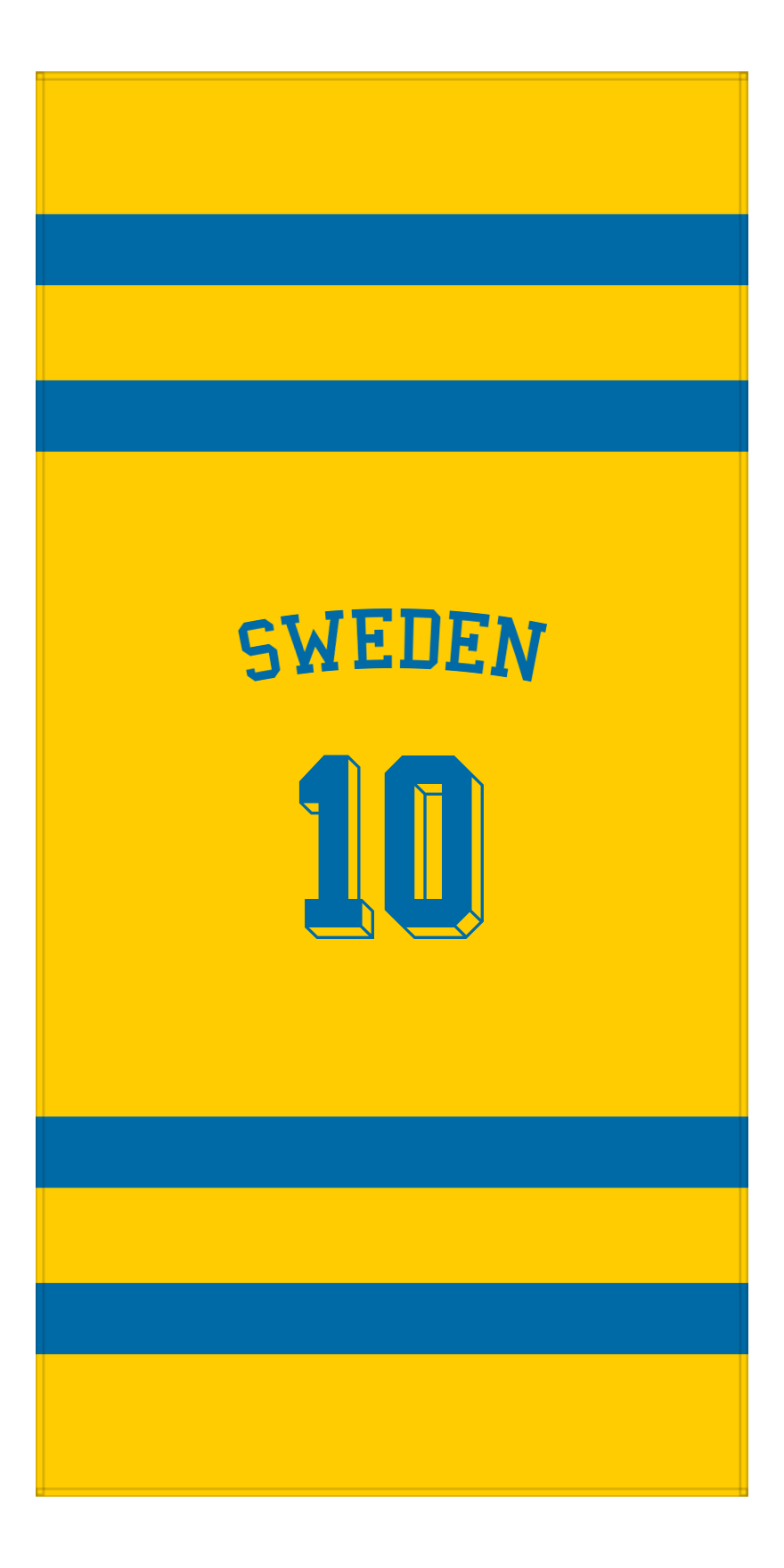 Personalized Jersey Number 1-on-1 Stripes Sports Beach Towel with Arched Name - Sweden - Vertical Design - Front View