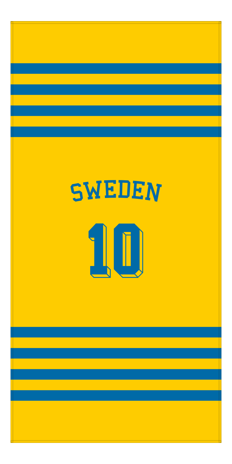 Personalized Jersey Number 3-on-1 Stripes Sports Beach Towel with Arched Name - Sweden - Vertical Design - Front View