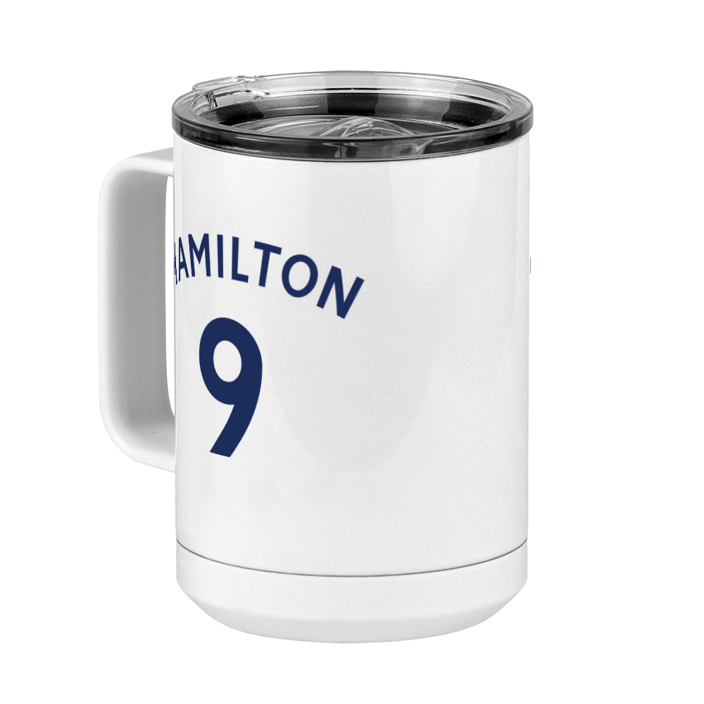 Personalized Jersey Number Coffee Mug Tumbler with Handle (15 oz) - English Soccer - Front Left View