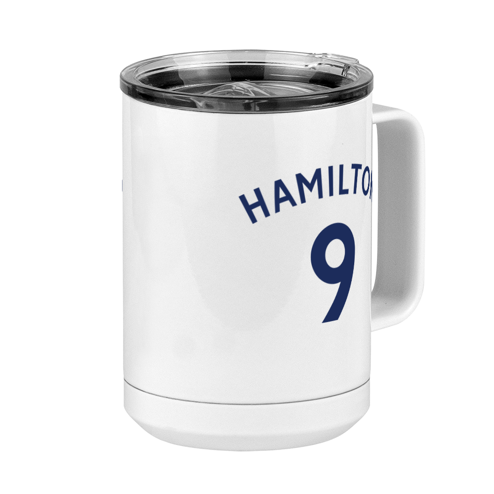 Personalized Jersey Number Coffee Mug Tumbler with Handle (15 oz) - English Soccer - Front Right View