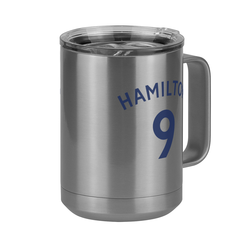 Personalized Jersey Number Coffee Mug Tumbler with Handle (15 oz) - English Soccer - Front Right View