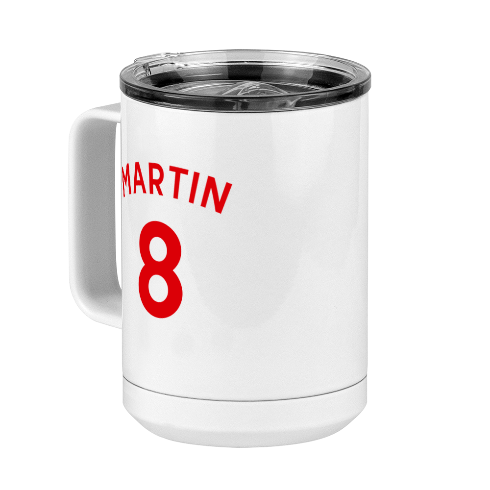 Personalized Jersey Number Coffee Mug Tumbler with Handle (15 oz) - English Soccer - Front Left View