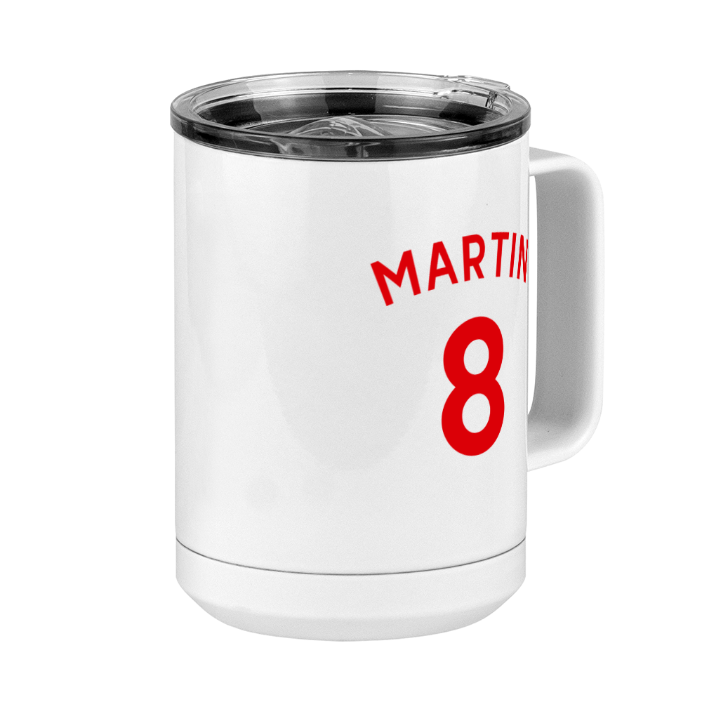 Personalized Jersey Number Coffee Mug Tumbler with Handle (15 oz) - English Soccer - Front Right View