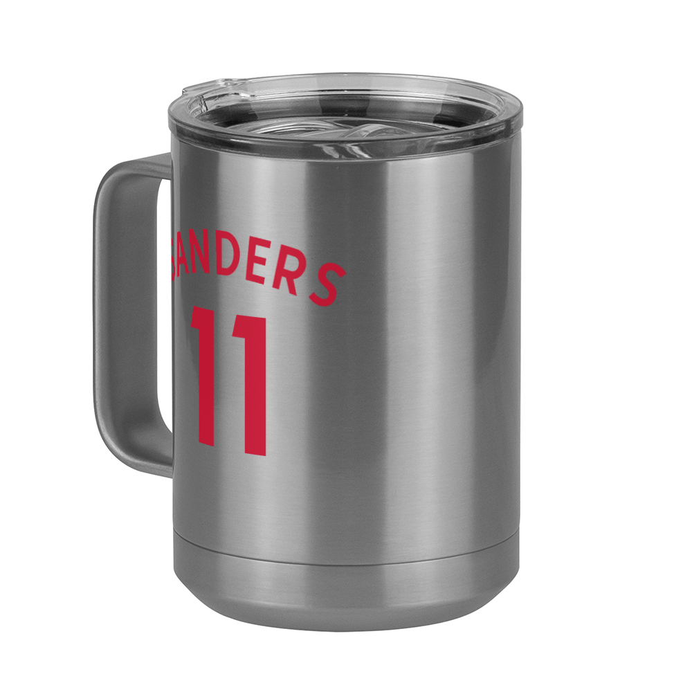 Personalized Jersey Number Coffee Mug Tumbler with Handle (15 oz) - English Soccer - Front Left View