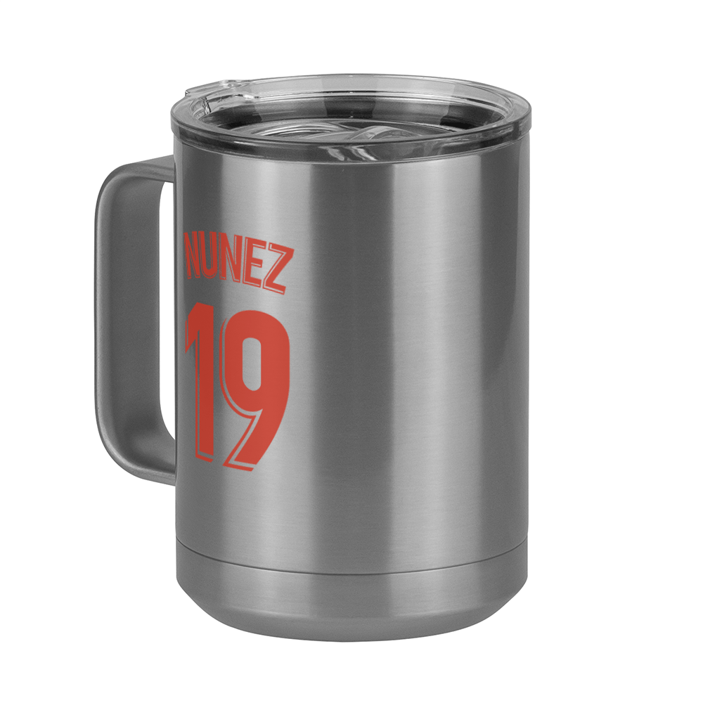 Personalized Jersey Number Coffee Mug Tumbler with Handle (15 oz) - Spanish Soccer - Front Left View
