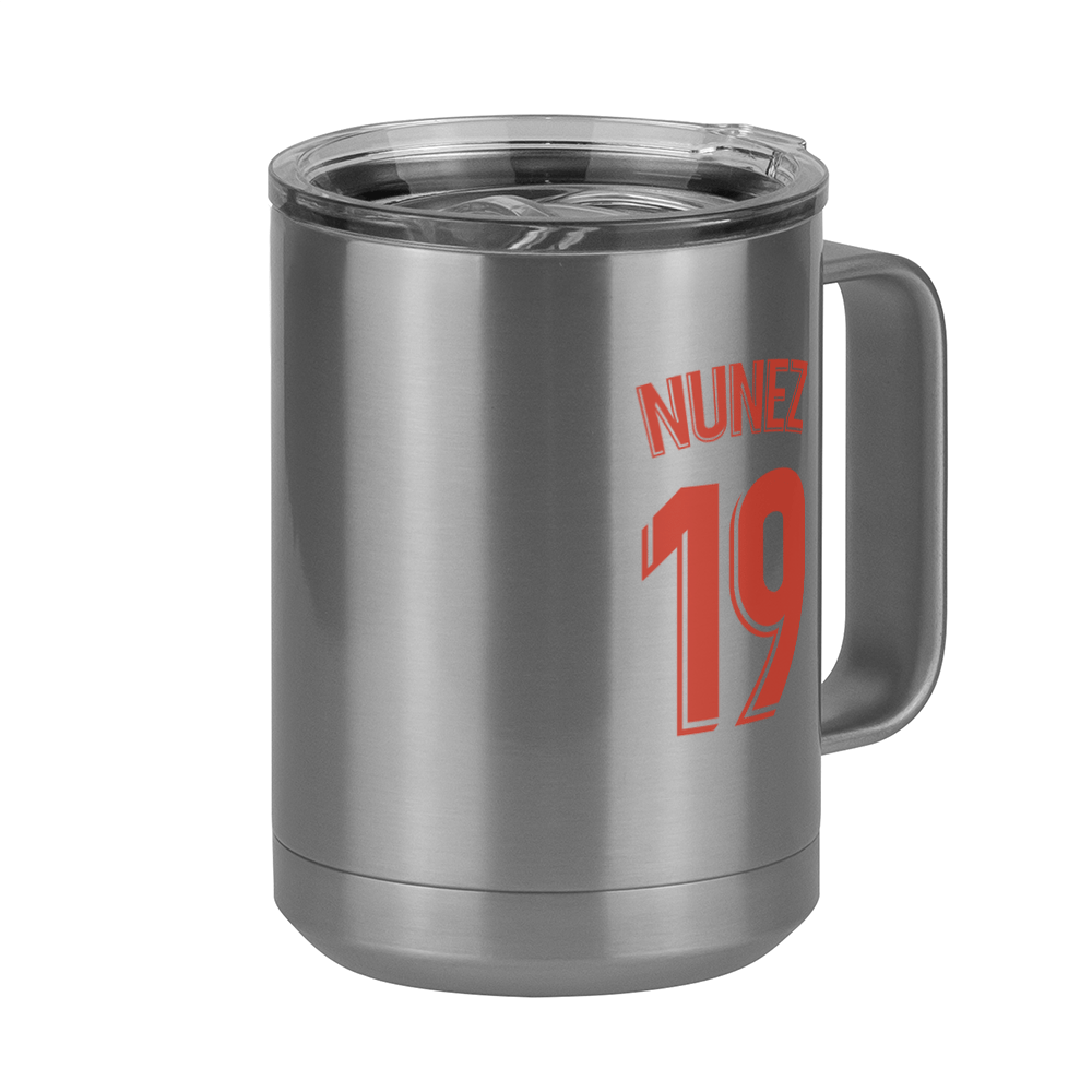 Personalized Jersey Number Coffee Mug Tumbler with Handle (15 oz) - Spanish Soccer - Front Right View