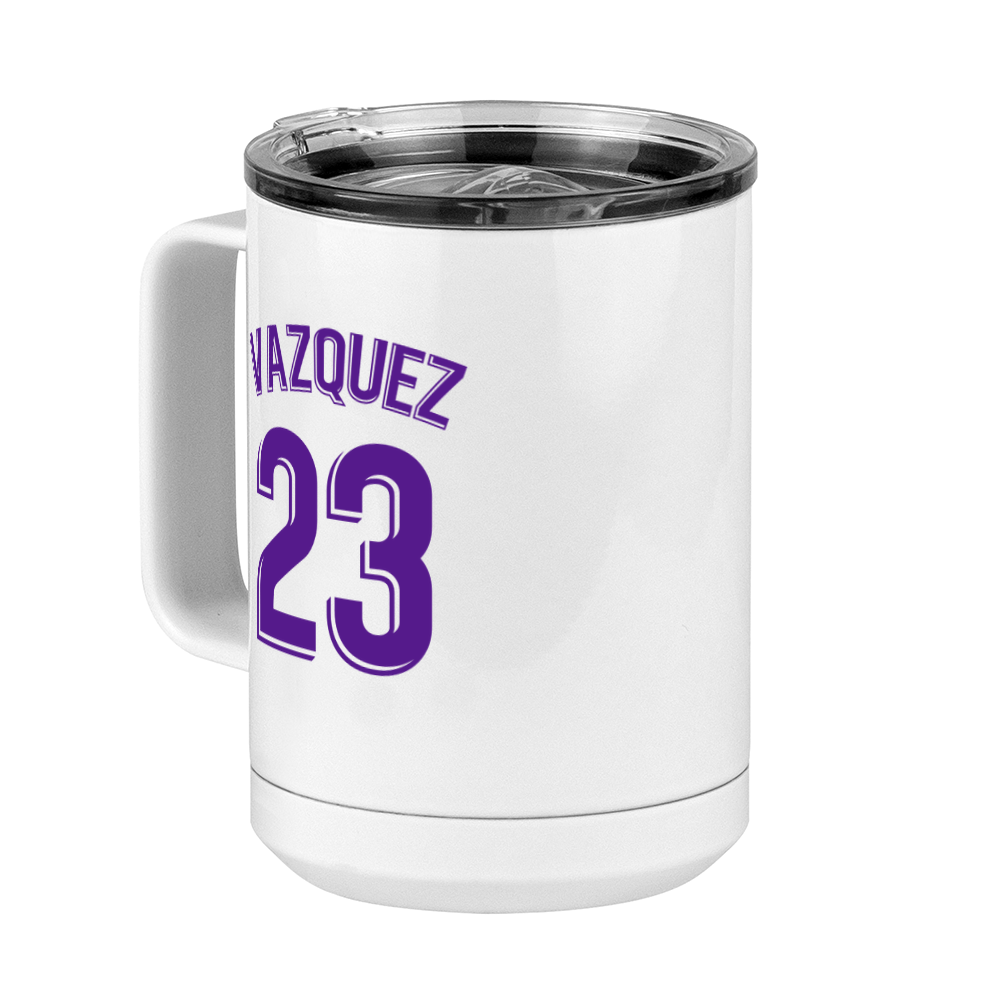Personalized Jersey Number Coffee Mug Tumbler with Handle (15 oz) - Spanish Soccer - Front Left View