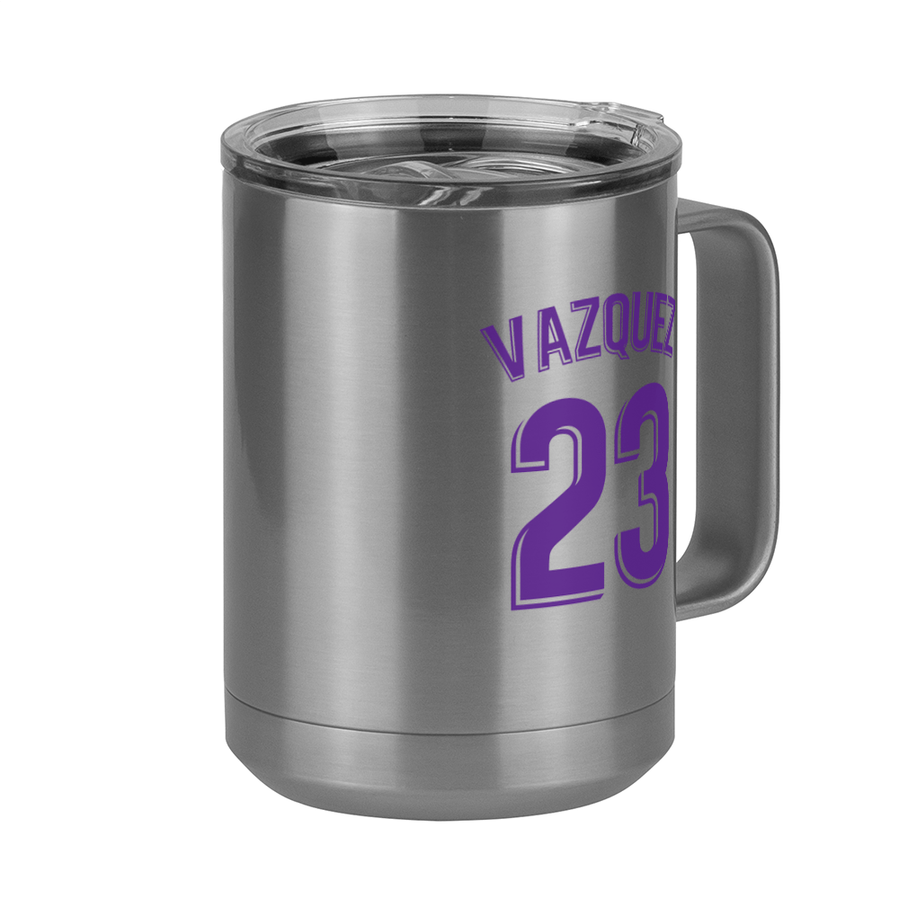 Personalized Jersey Number Coffee Mug Tumbler with Handle (15 oz) - Spanish Soccer - Front Right View