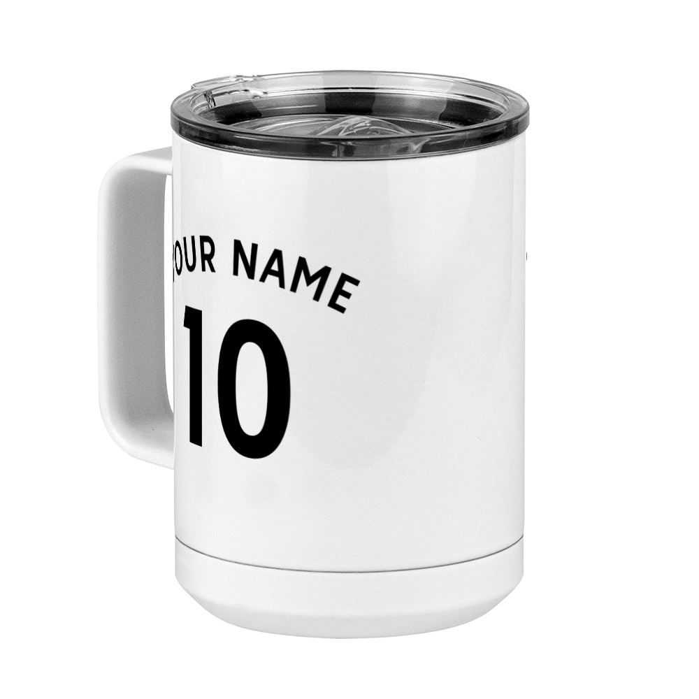 Personalized Jersey Number Coffee Mug Tumbler with Handle (15 oz) - English Soccer - Front Left View