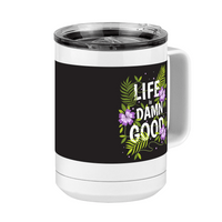 Thumbnail for Life is Damn Good Coffee Mug Tumbler with Handle (15 oz) - Flowers - Front Right View