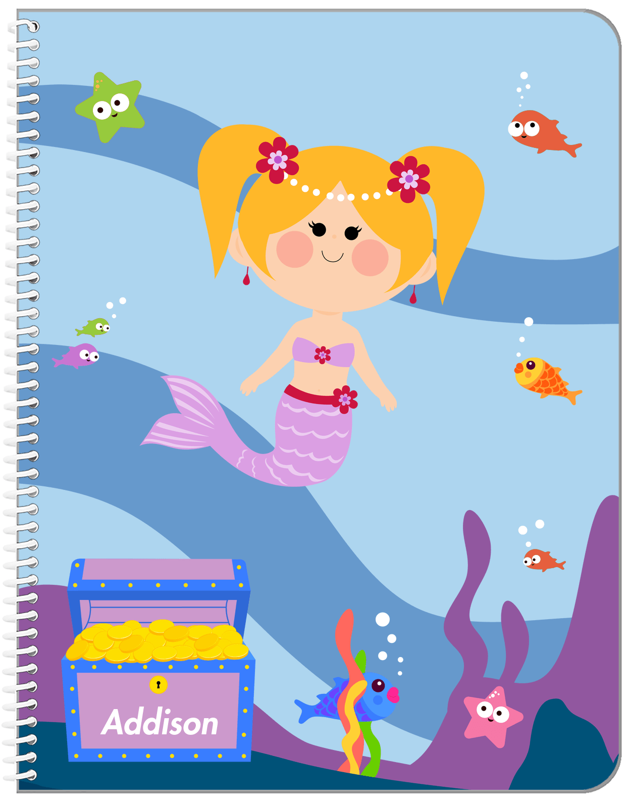 Personalized Mermaid Notebook I - Blue Background - Blonde Mermaid - Front View