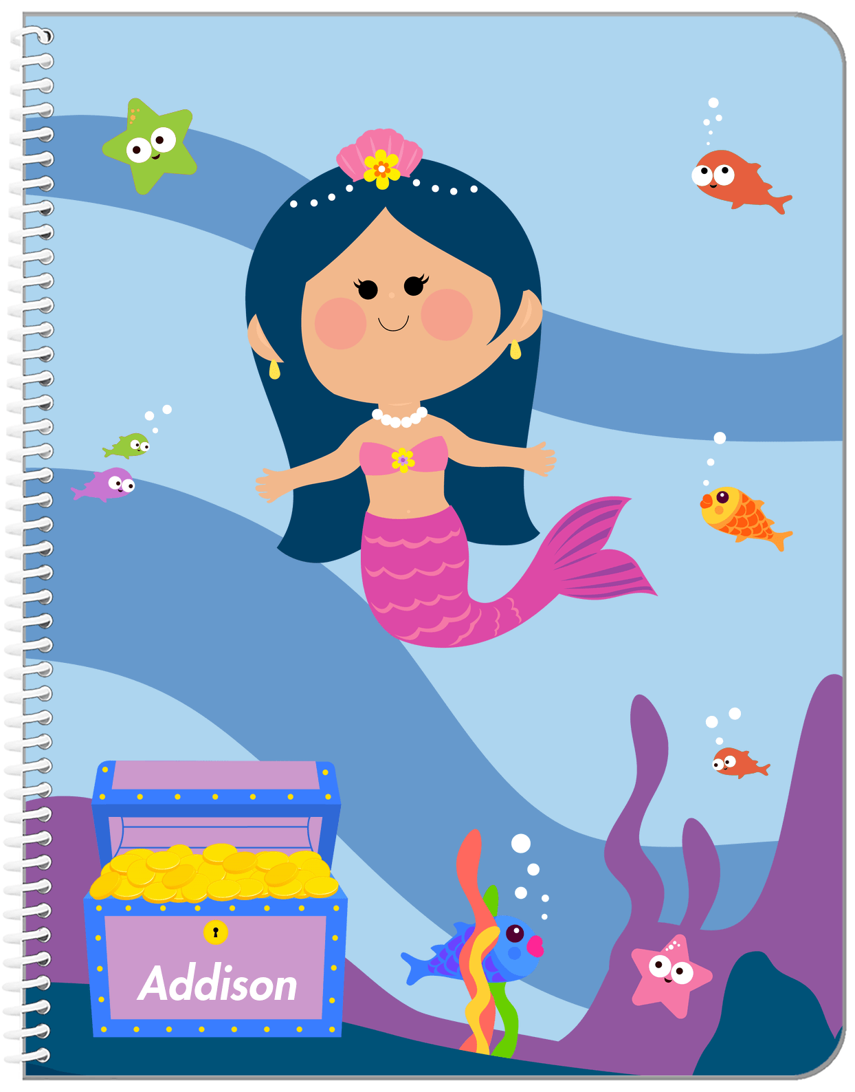 Personalized Mermaid Notebook I - Blue Background - Asian Mermaid - Front View