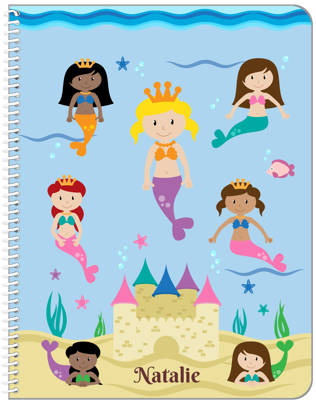 Personalized Mermaid Notebook II - Blue Background - Blonde Mermaid - Front View