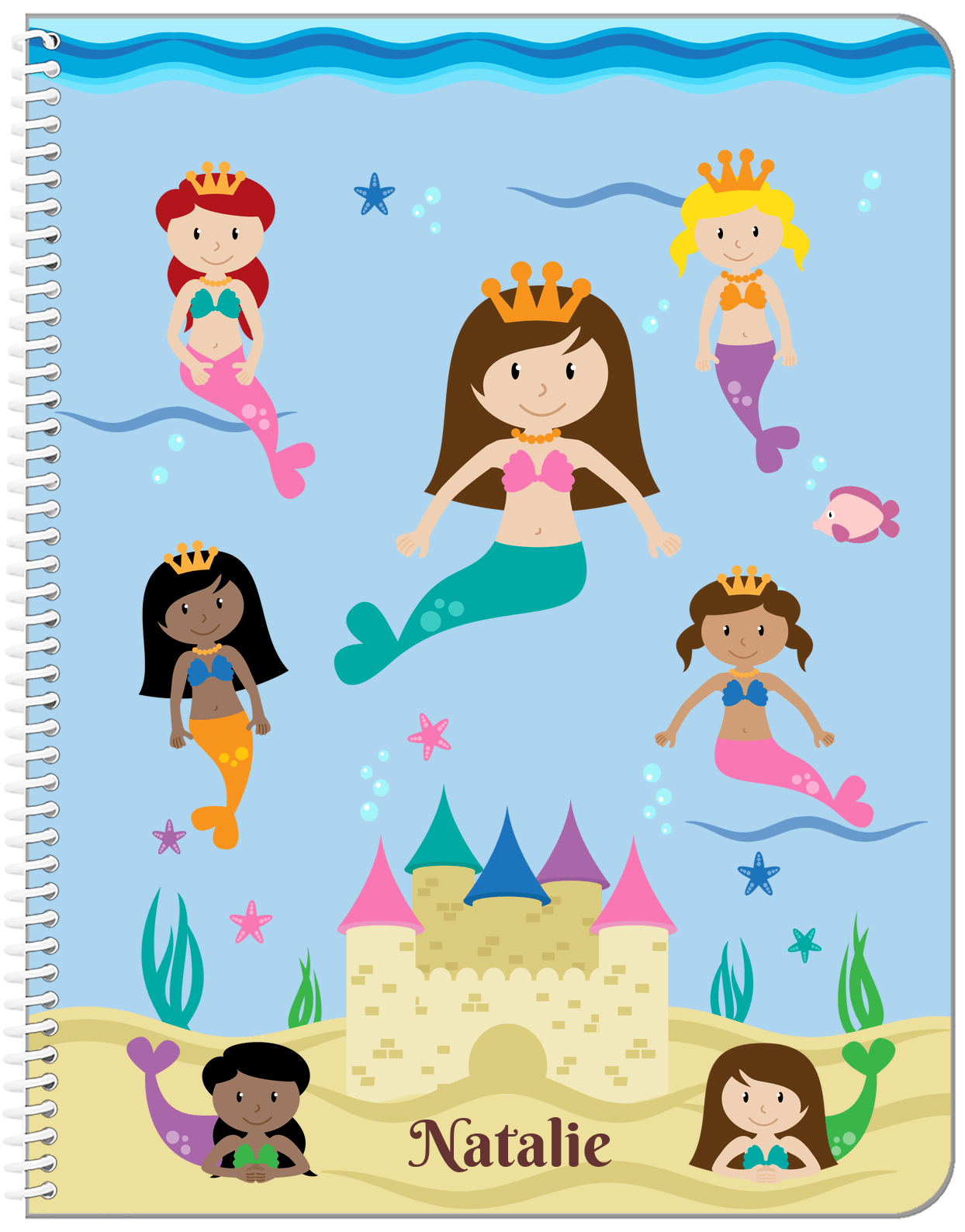Personalized Mermaid Notebook II - Blue Background - Brunette Mermaid - Front View
