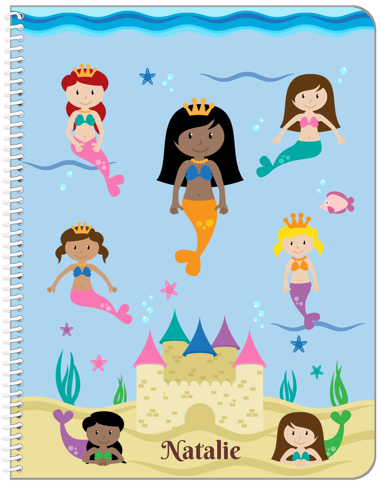 Personalized Mermaid Notebook II - Blue Background - Black Mermaid II - Front View