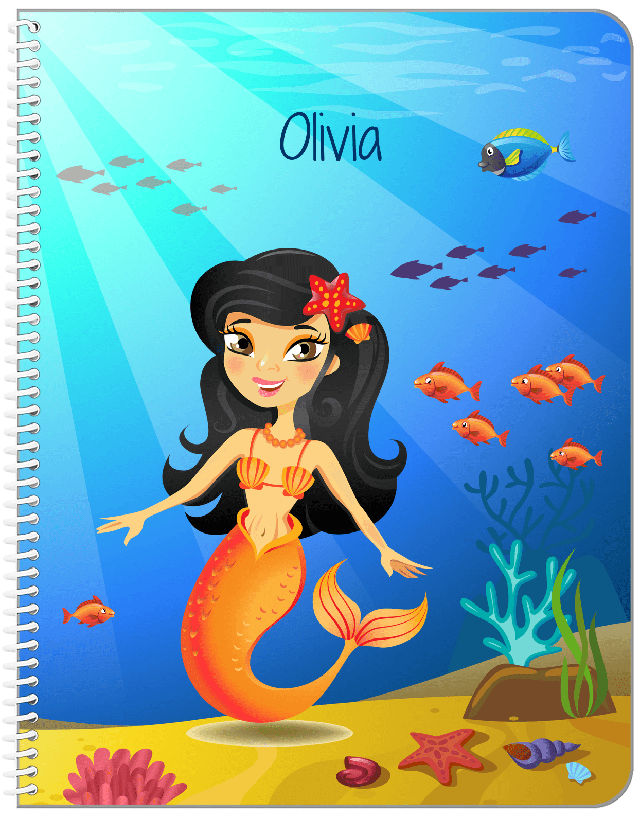 Personalized Mermaid Notebook III - Blue Background - Black Hair Mermaid - Front View