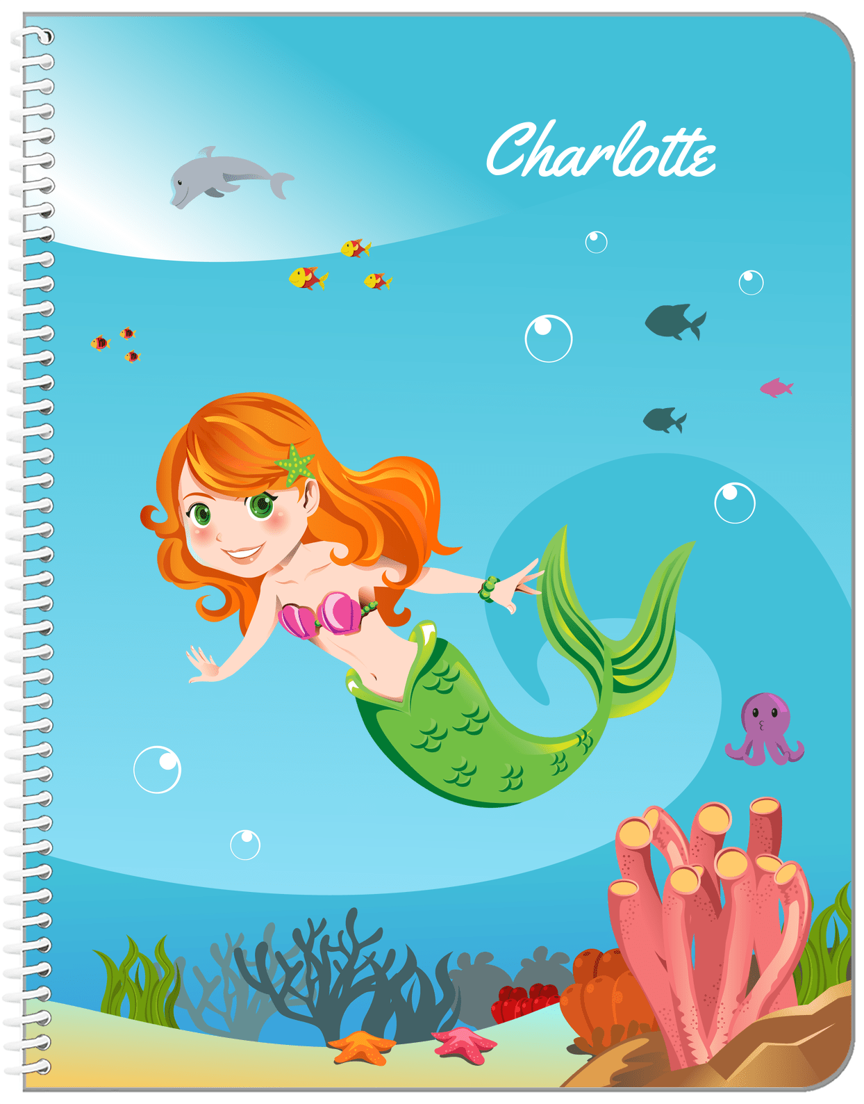 Personalized Mermaid Notebook IV - Blue Background - Redhead Mermaid - Front View