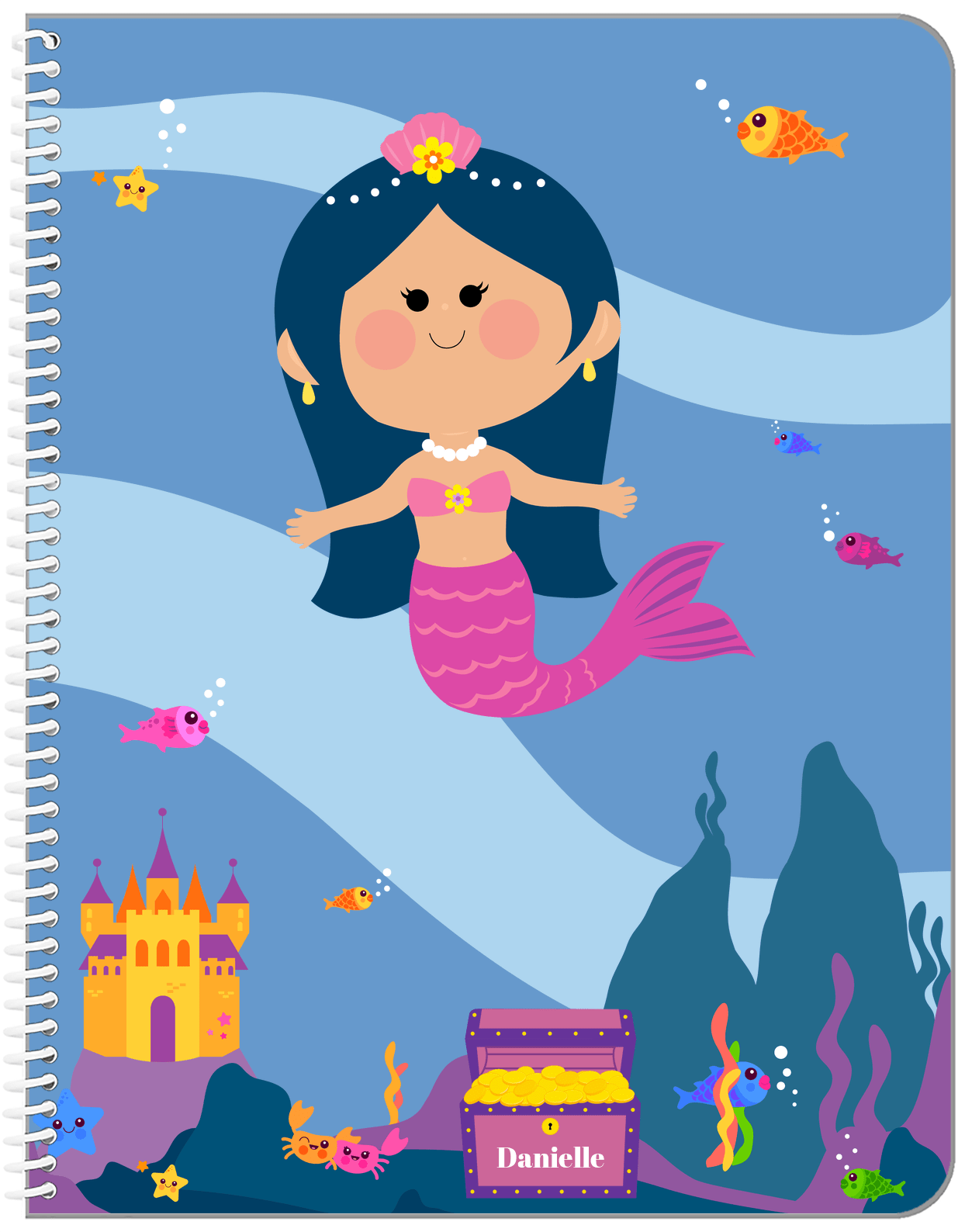 Personalized Mermaid Notebook V - Blue Background - Asian Mermaid - Front View