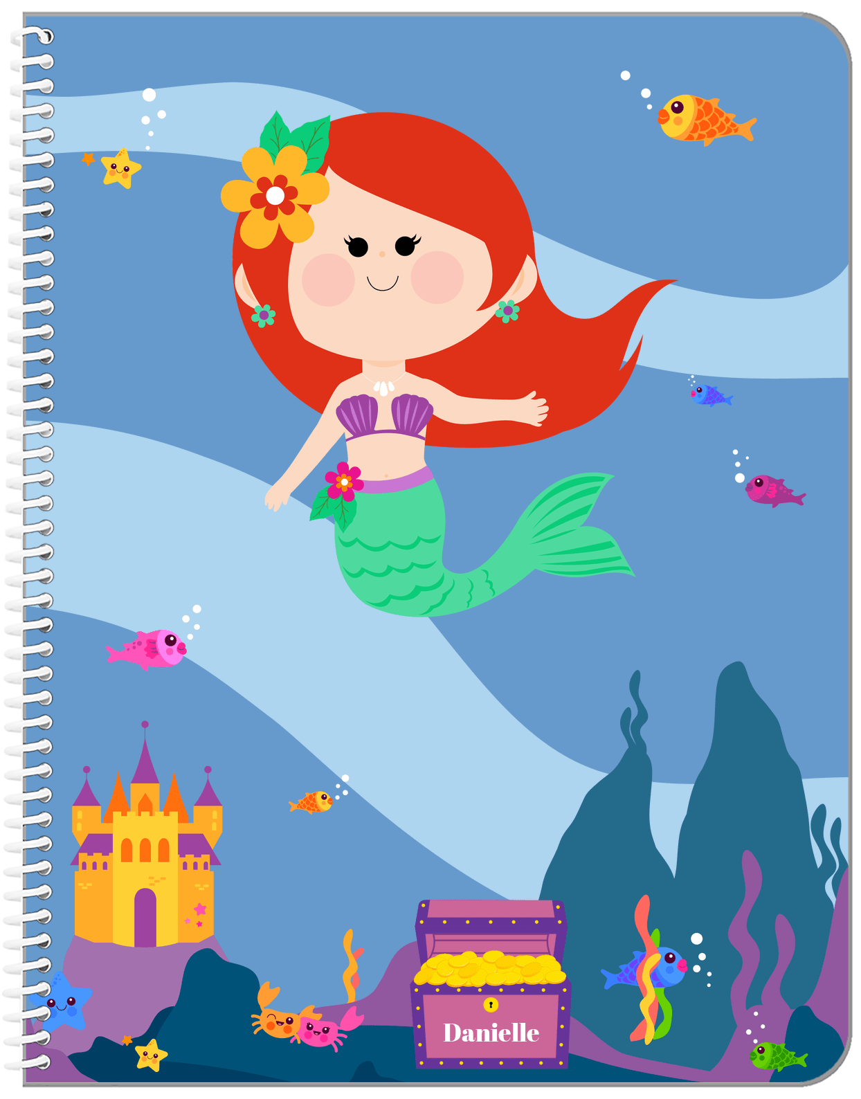 Personalized Mermaid Notebook V - Blue Background - Redhead Mermaid - Front View