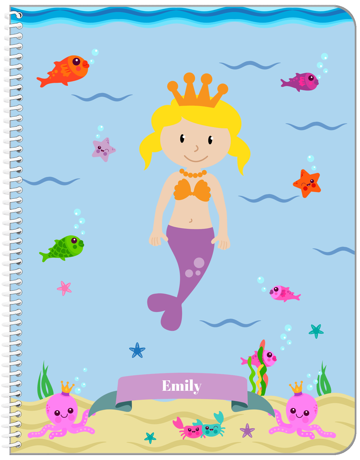 Personalized Mermaid Notebook VI - Blue Background - Blonde Mermaid - Front View