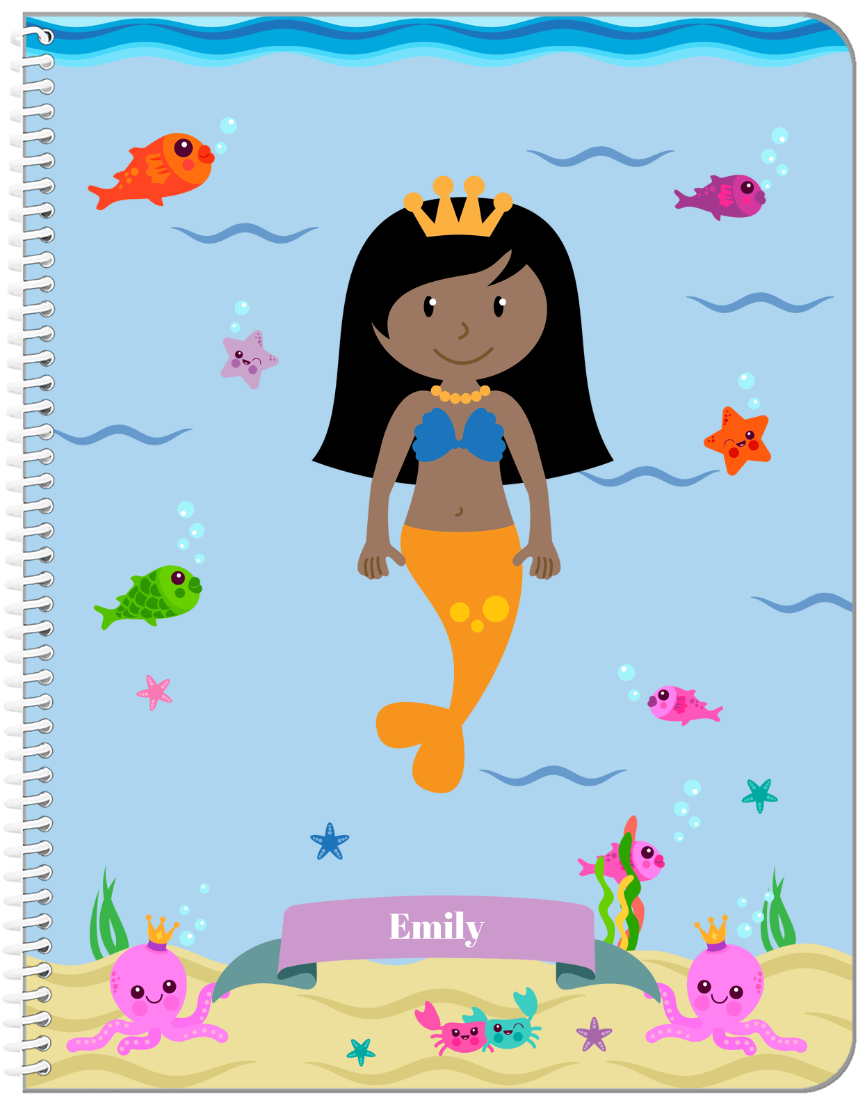 Personalized Mermaid Notebook VI - Blue Background - Black Mermaid II - Front View