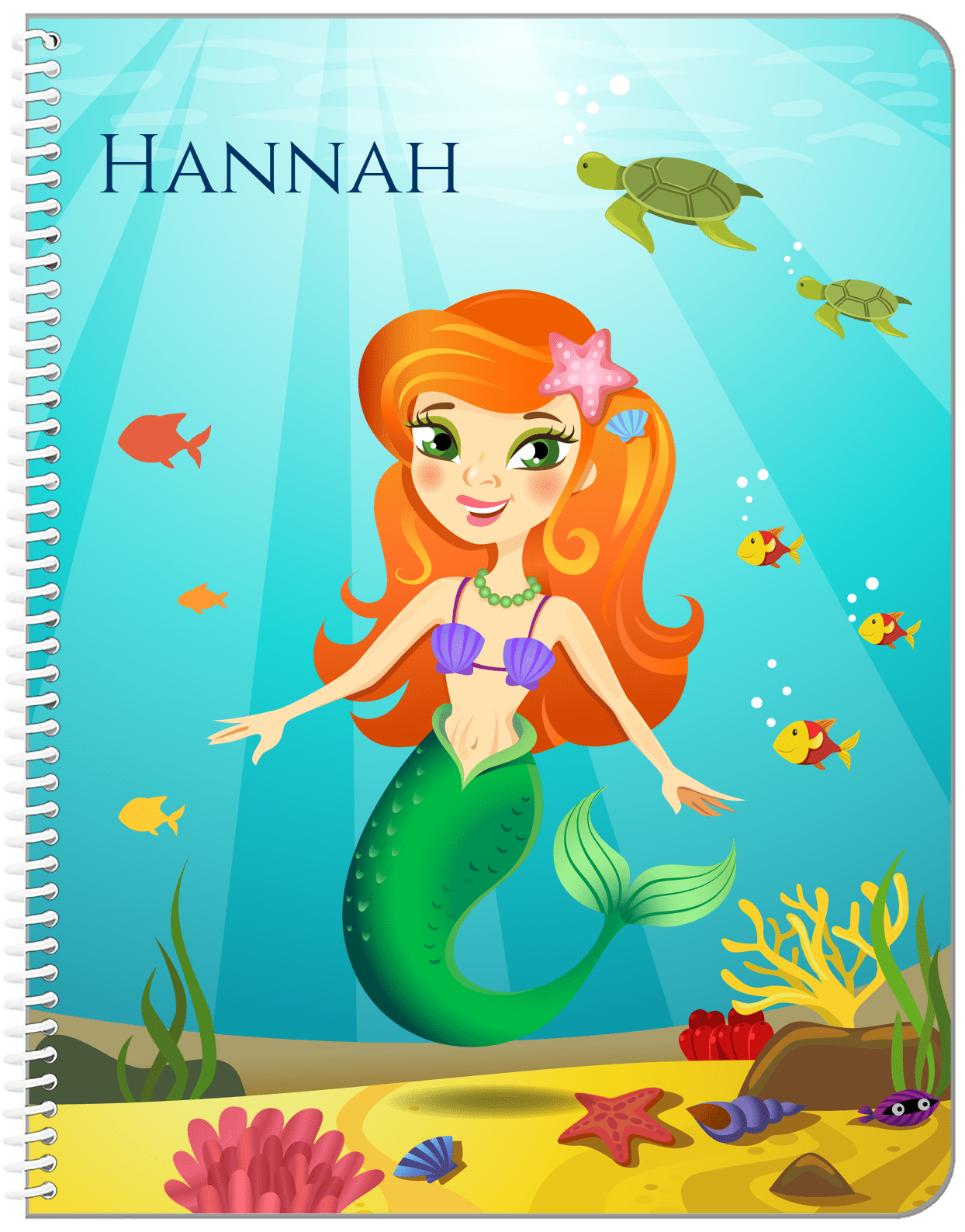 Personalized Mermaid Notebook VII - Blue Background - Redhead Mermaid - Front View
