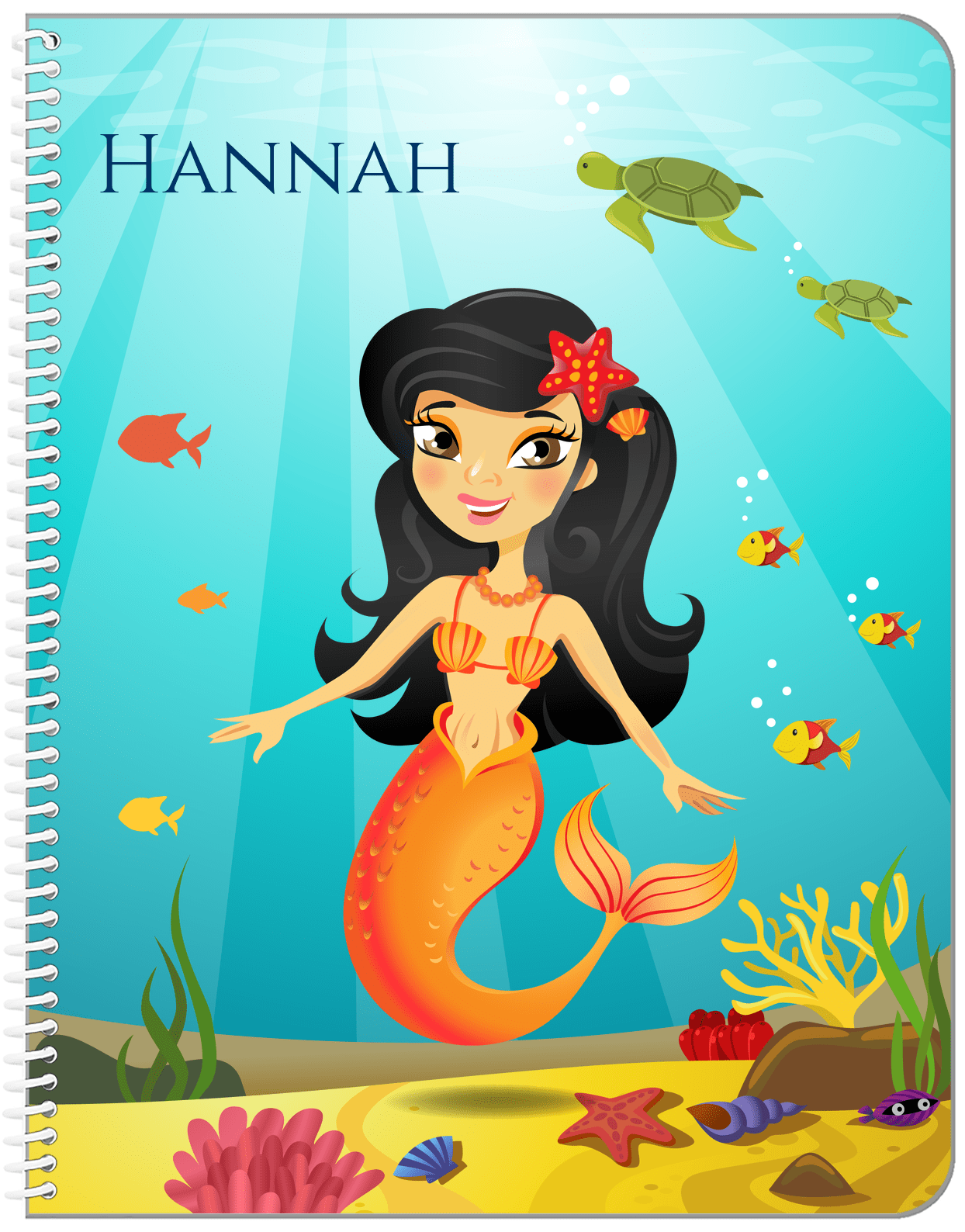 Personalized Mermaid Notebook VII - Blue Background - Asian Mermaid - Front View