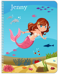 Thumbnail for Personalized Mermaid Notebook VIII - Blue Background - Brunette Mermaid - Front View
