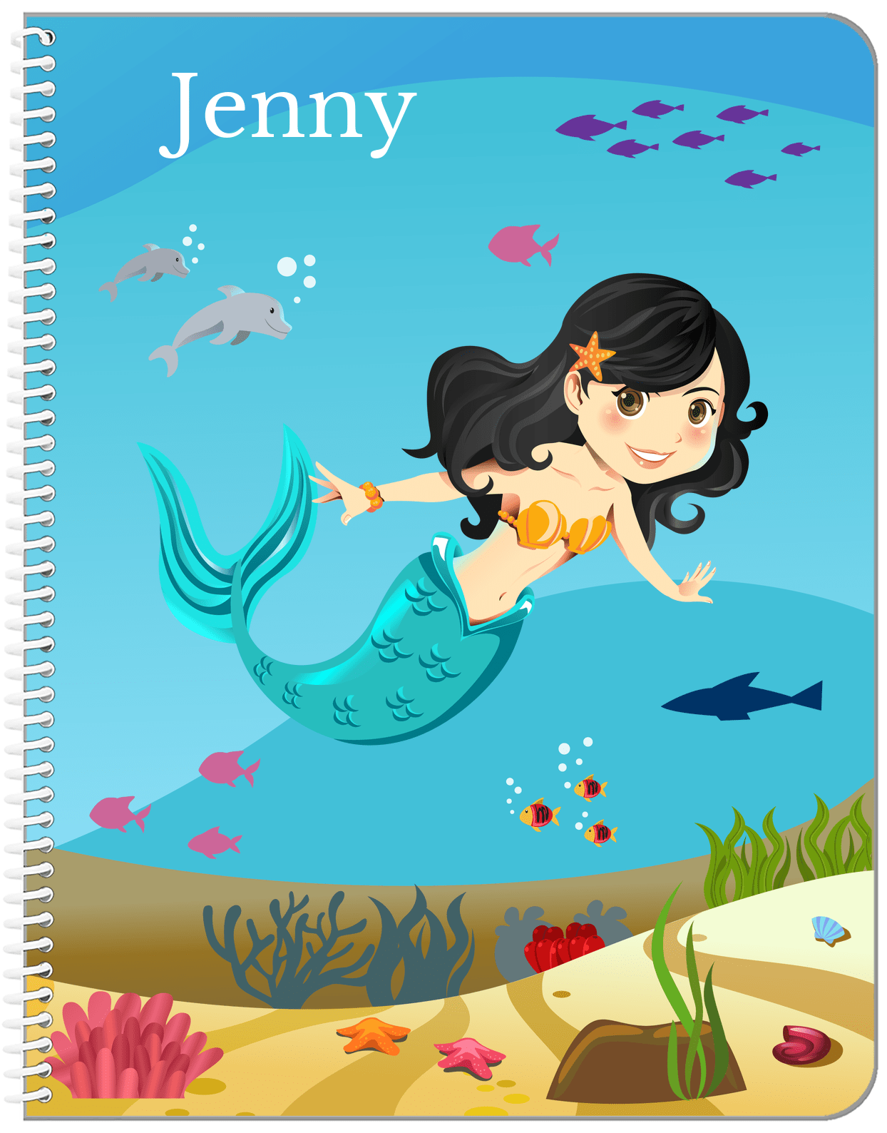 Personalized Mermaid Notebook VIII - Blue Background - Black Hair Mermaid - Front View