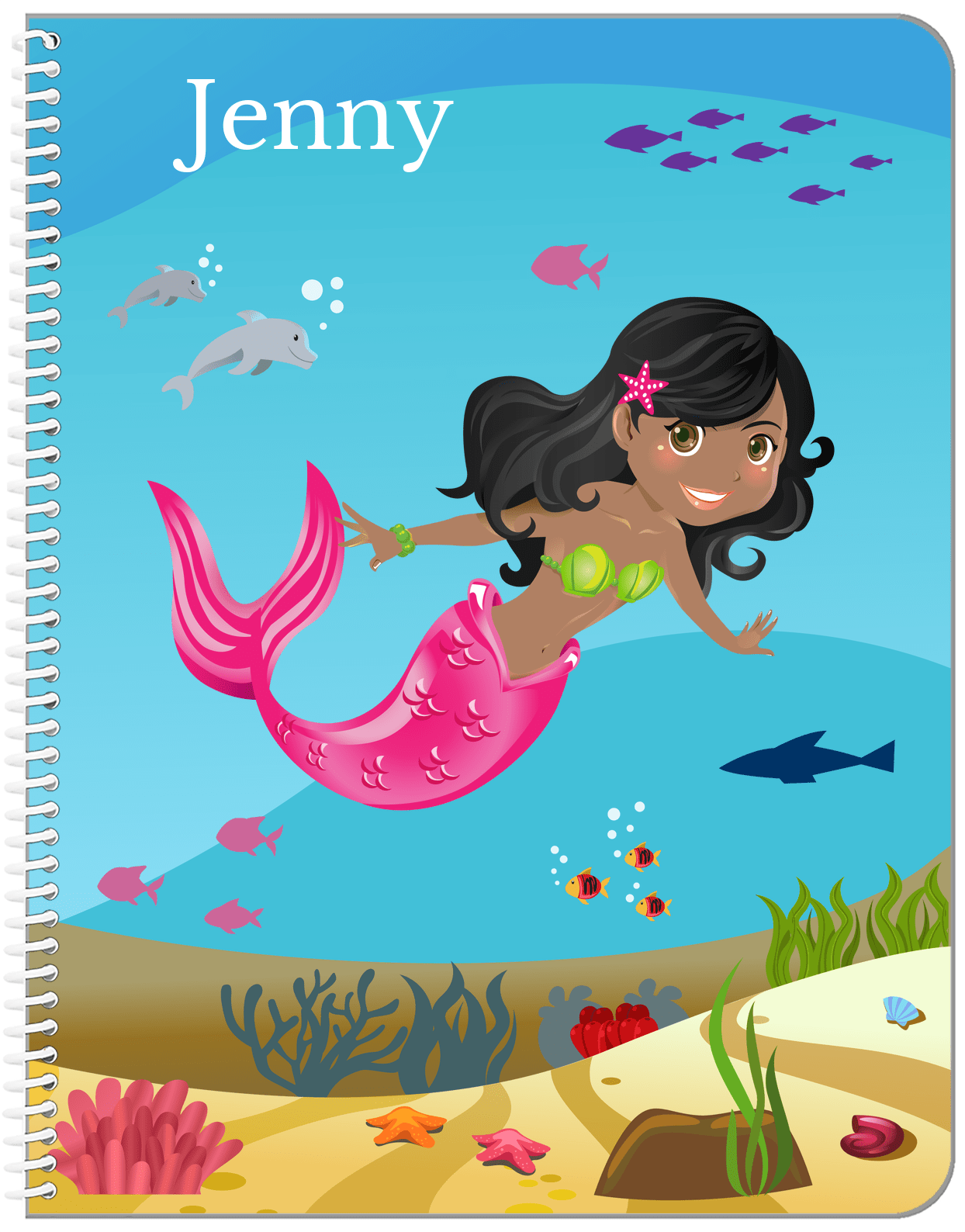 Personalized Mermaid Notebook VIII - Blue Background - Black Mermaid - Front View