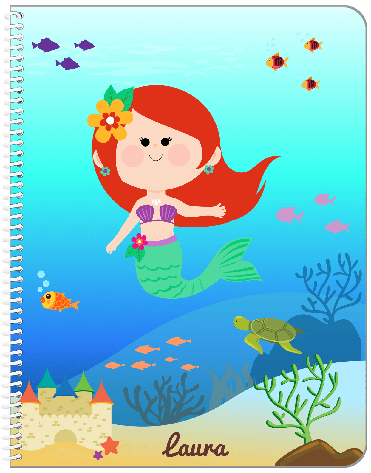 Personalized Mermaid Notebook IX - Blue Background - Redhead Mermaid - Front View