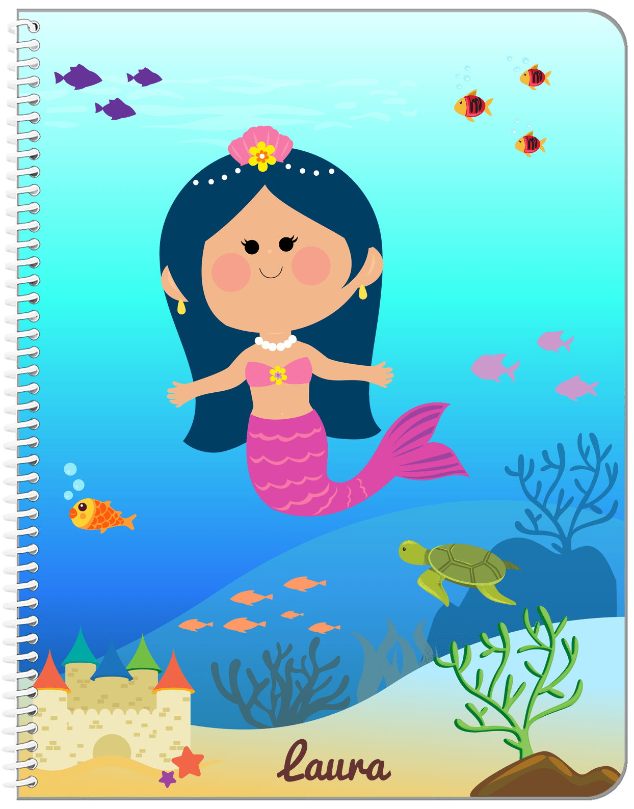 Personalized Mermaid Notebook IX - Blue Background - Asian Mermaid - Front View