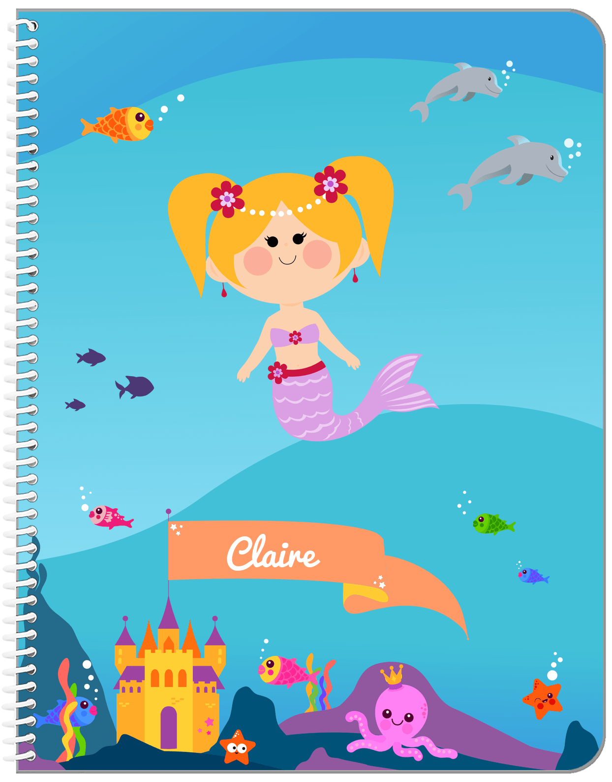 Personalized Mermaid Notebook X - Blue Background - Blonde Mermaid - Front View